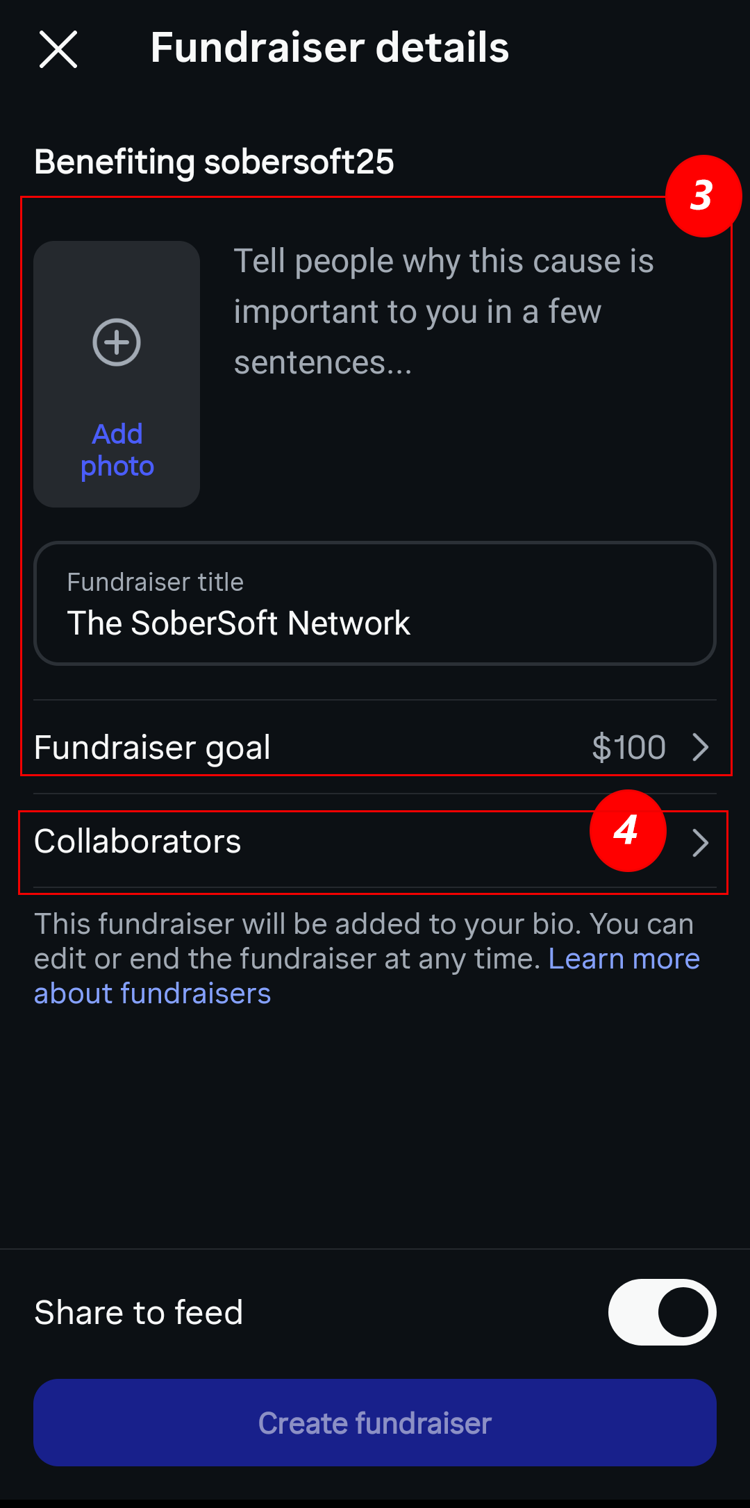 Fundraiser details screen with title, story, goal, and collaborators